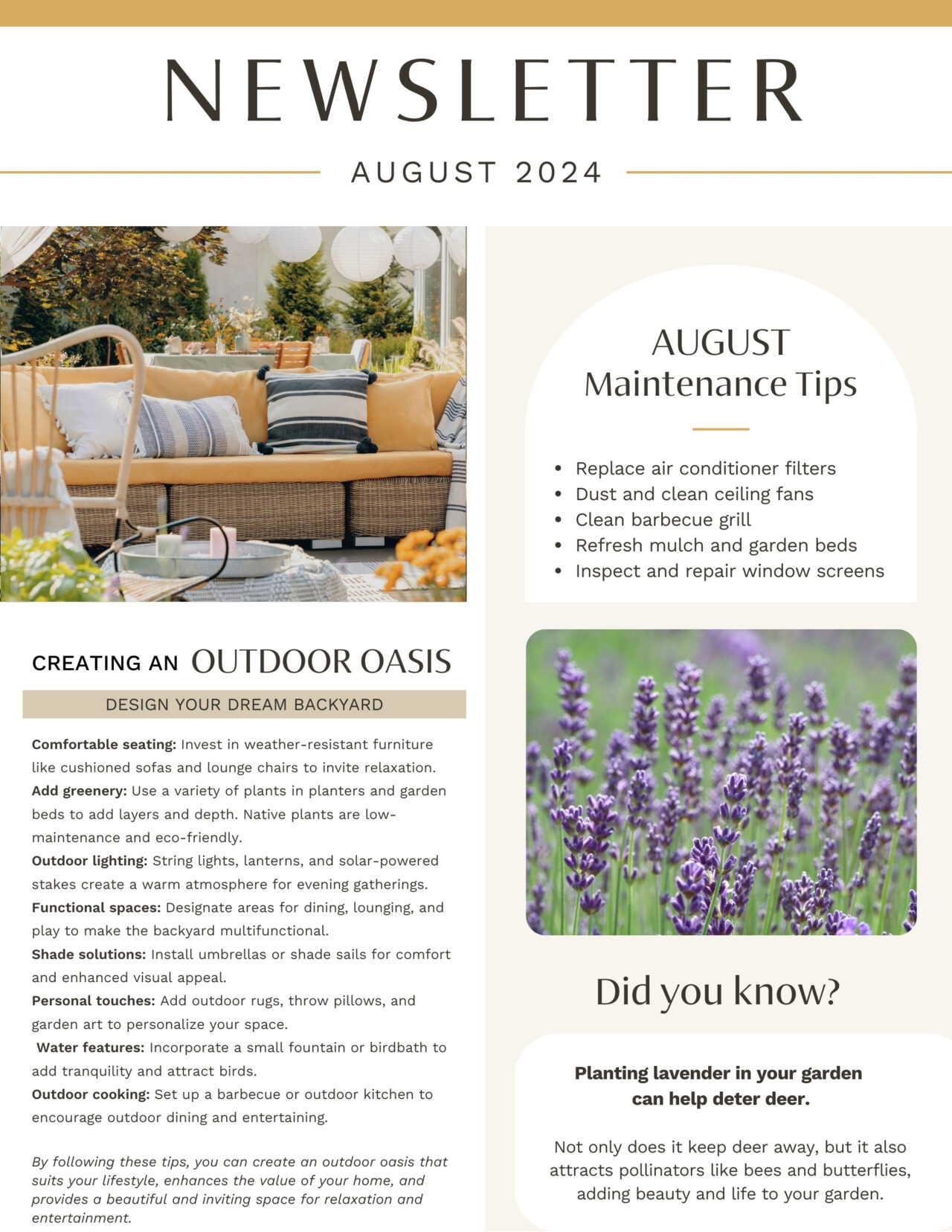 August 2024 newsletter, page 1: creating an outdoor retreat and summer home maintenance.