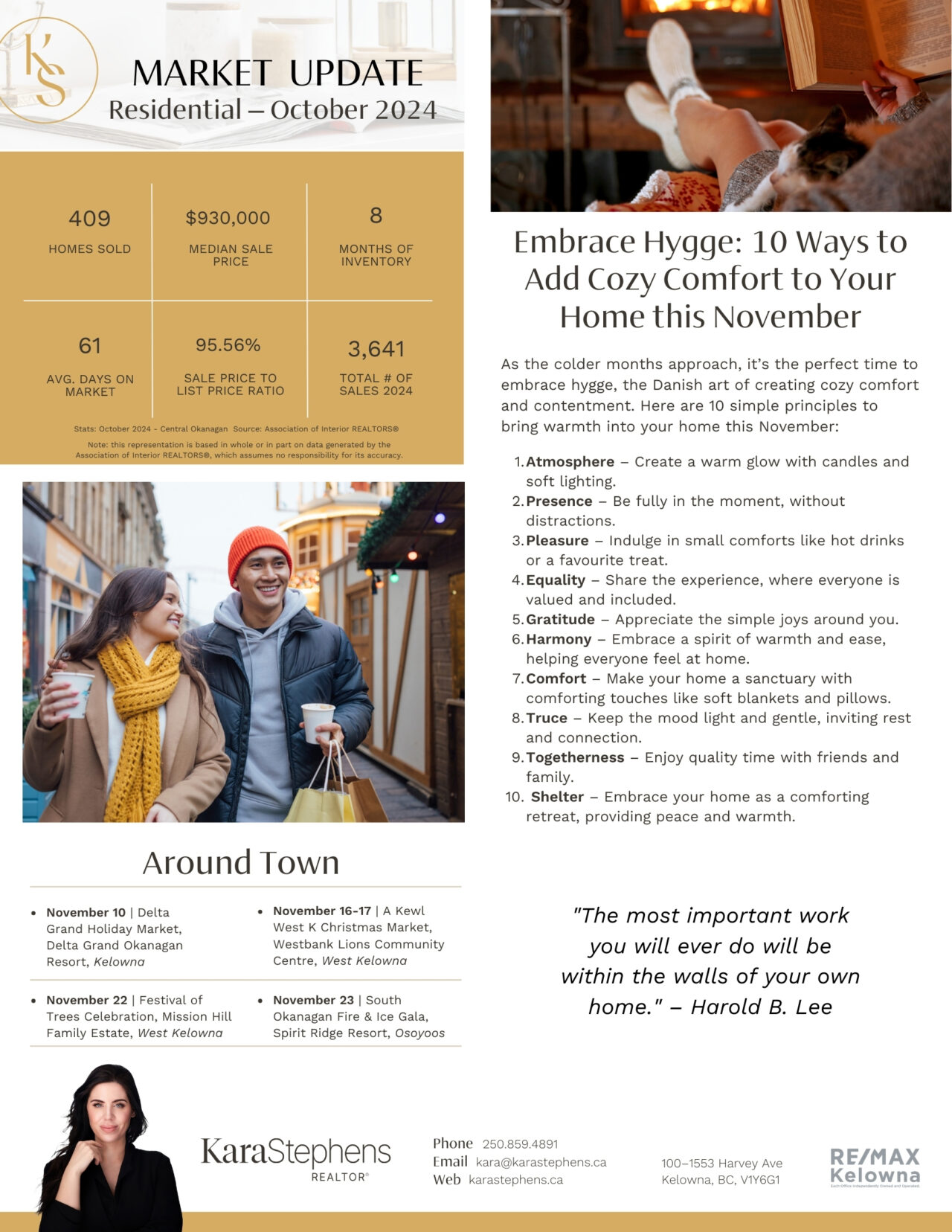November 2024 newsletter, page 2: October market figures, cosy home ideas, and local events.