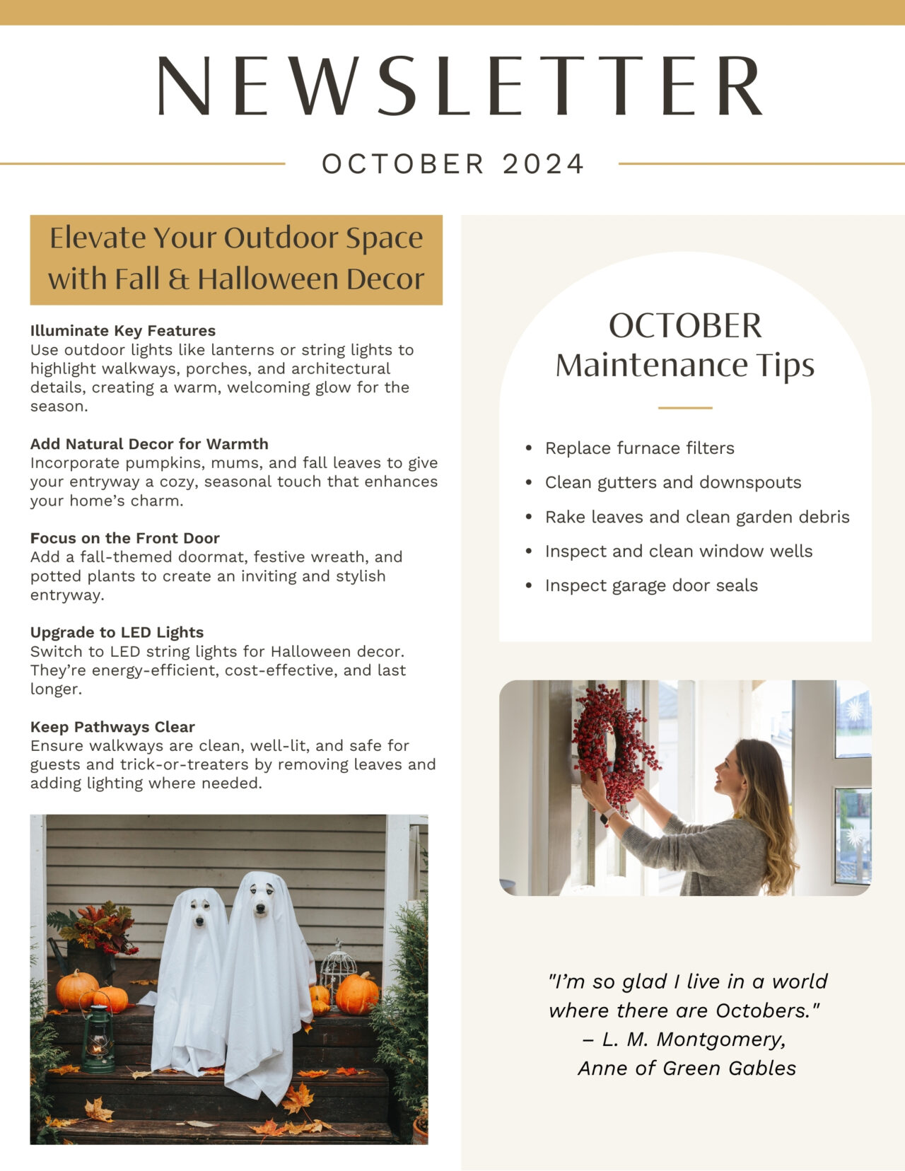 October 2024 newsletter, page 1: Halloween decorating and autumn home maintenance.