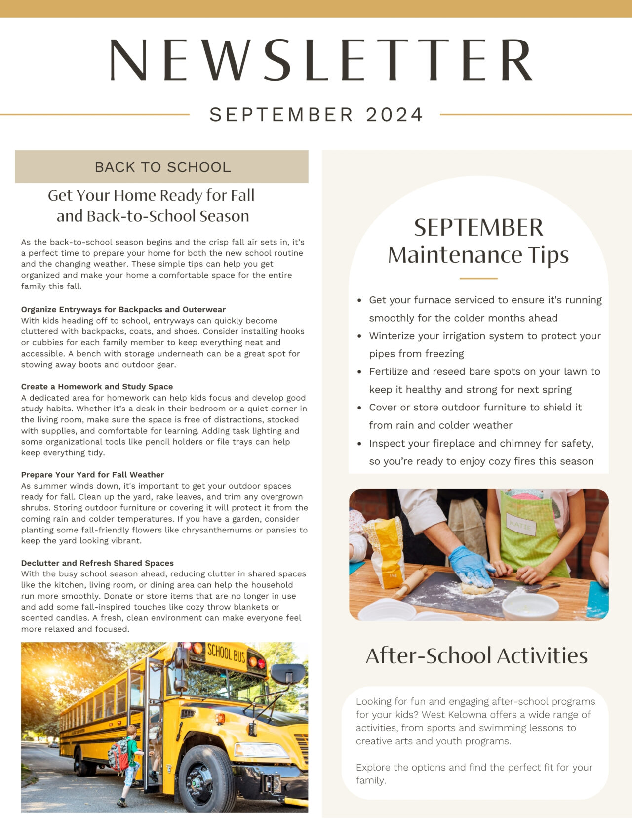 September 2024 newsletter, page 1: back-to-school organisation and seasonal maintenance.