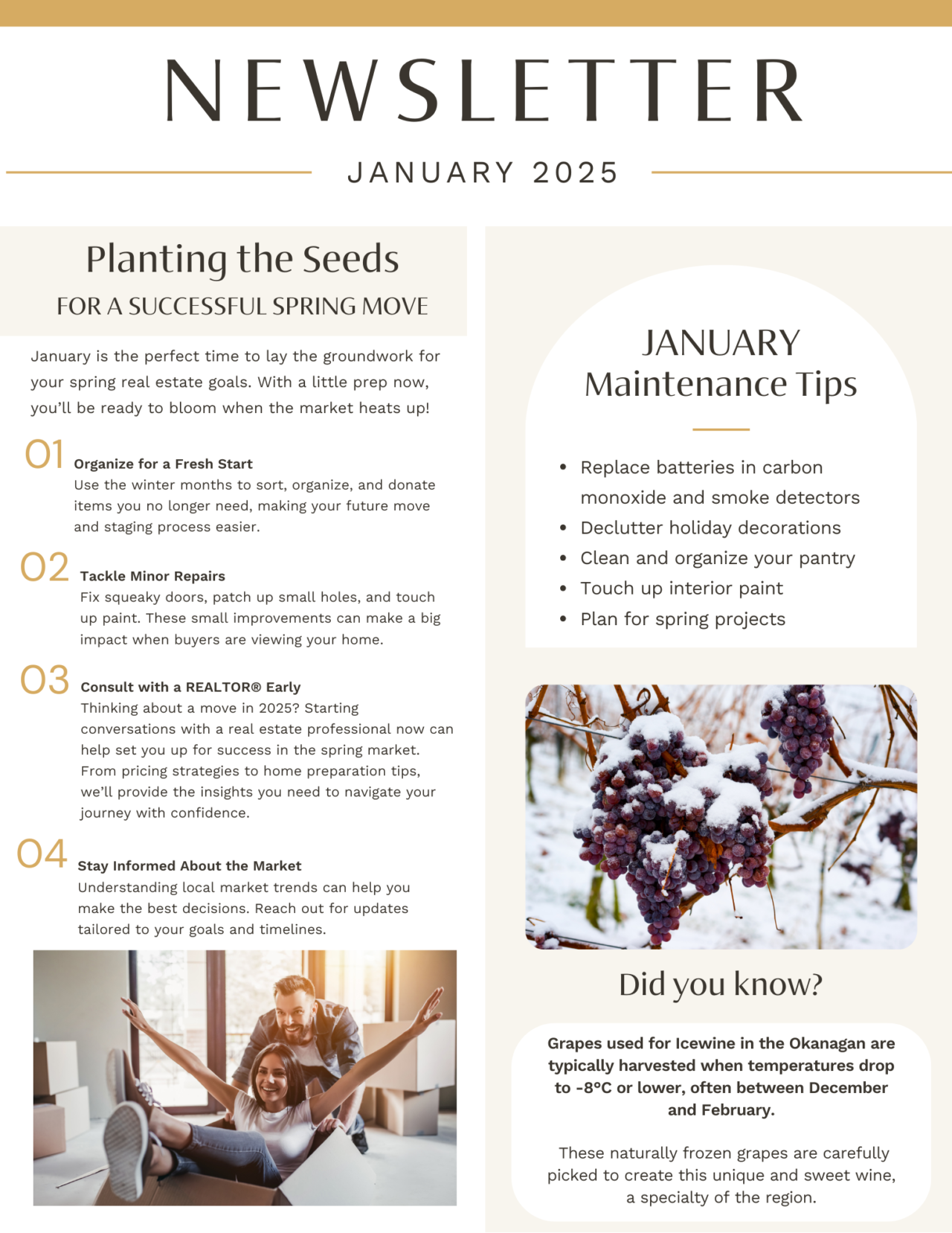 January 2025 newsletter, page 1: preparing for a spring move and winter maintenance.