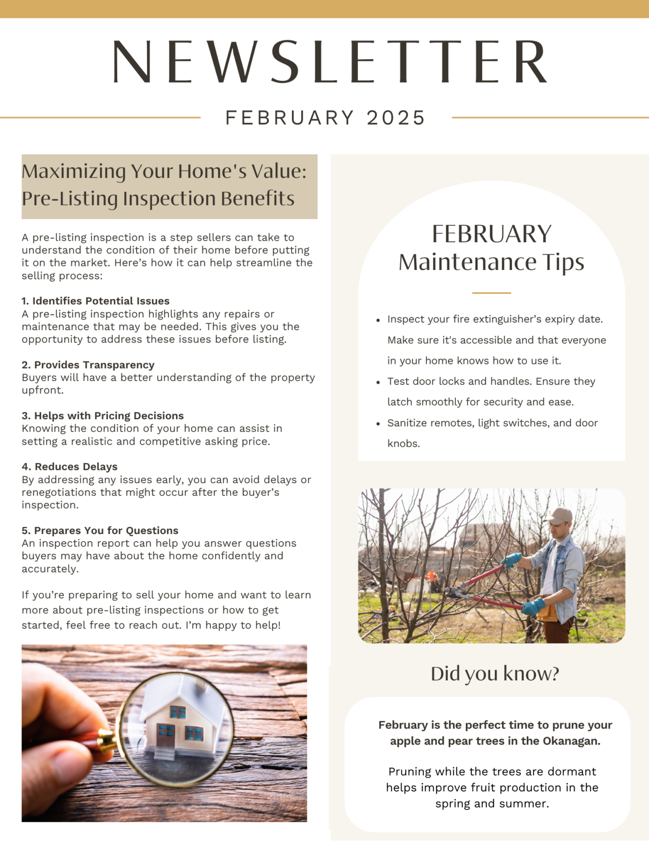 February 2025 newsletter, page 1: pre-listing inspections and home maintenance reminders.