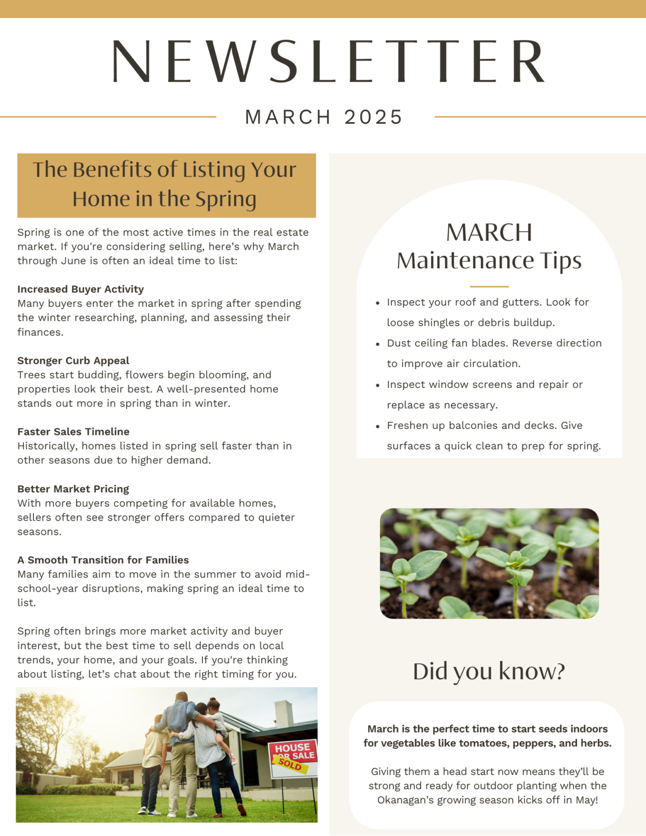 March 2025 newsletter, page 1: listing a home in spring and seasonal maintenance.