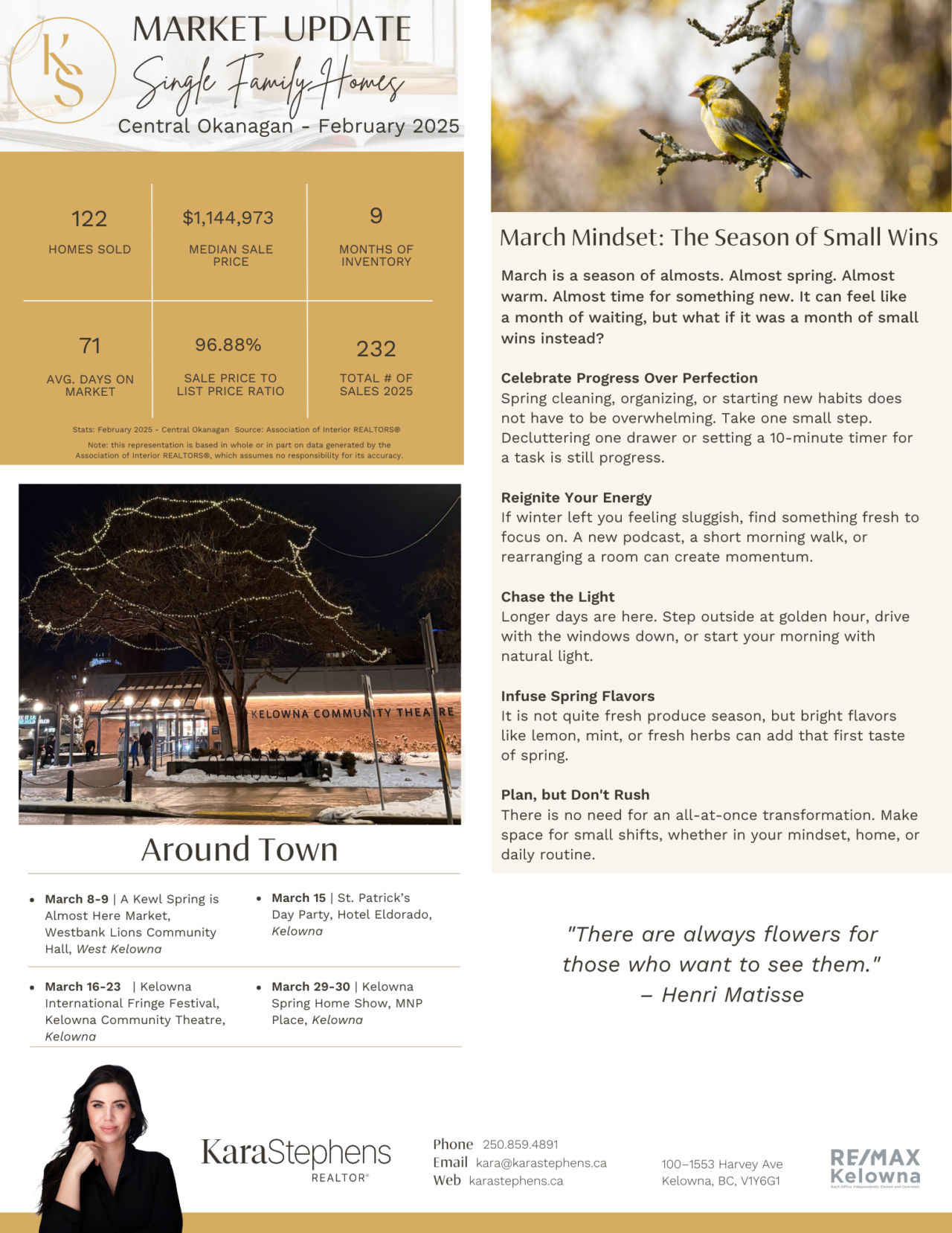 March 2025 newsletter, page 2: February market figures, local events, and spring wildlife.