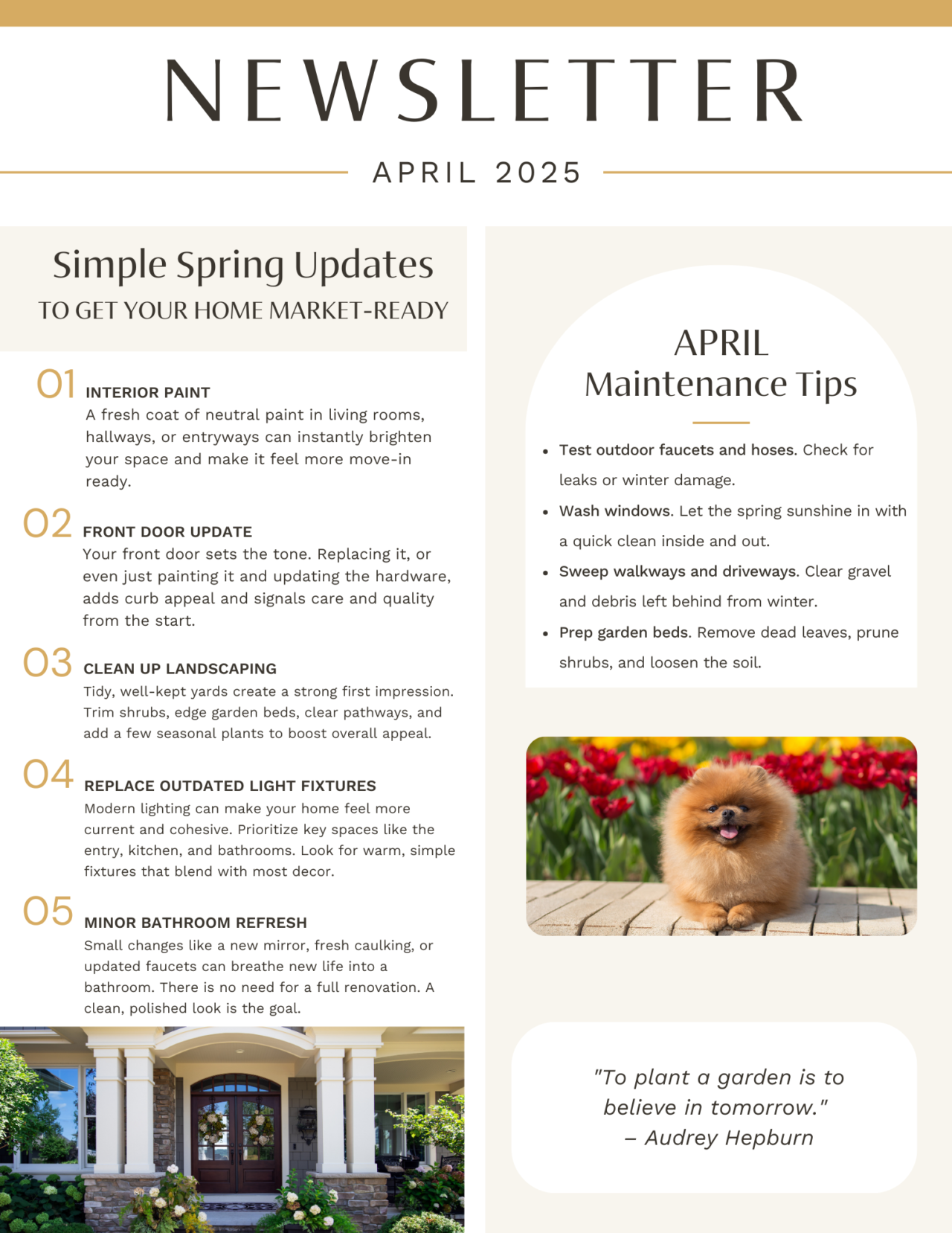 April 2025 newsletter, page 1: simple spring improvements and home maintenance.