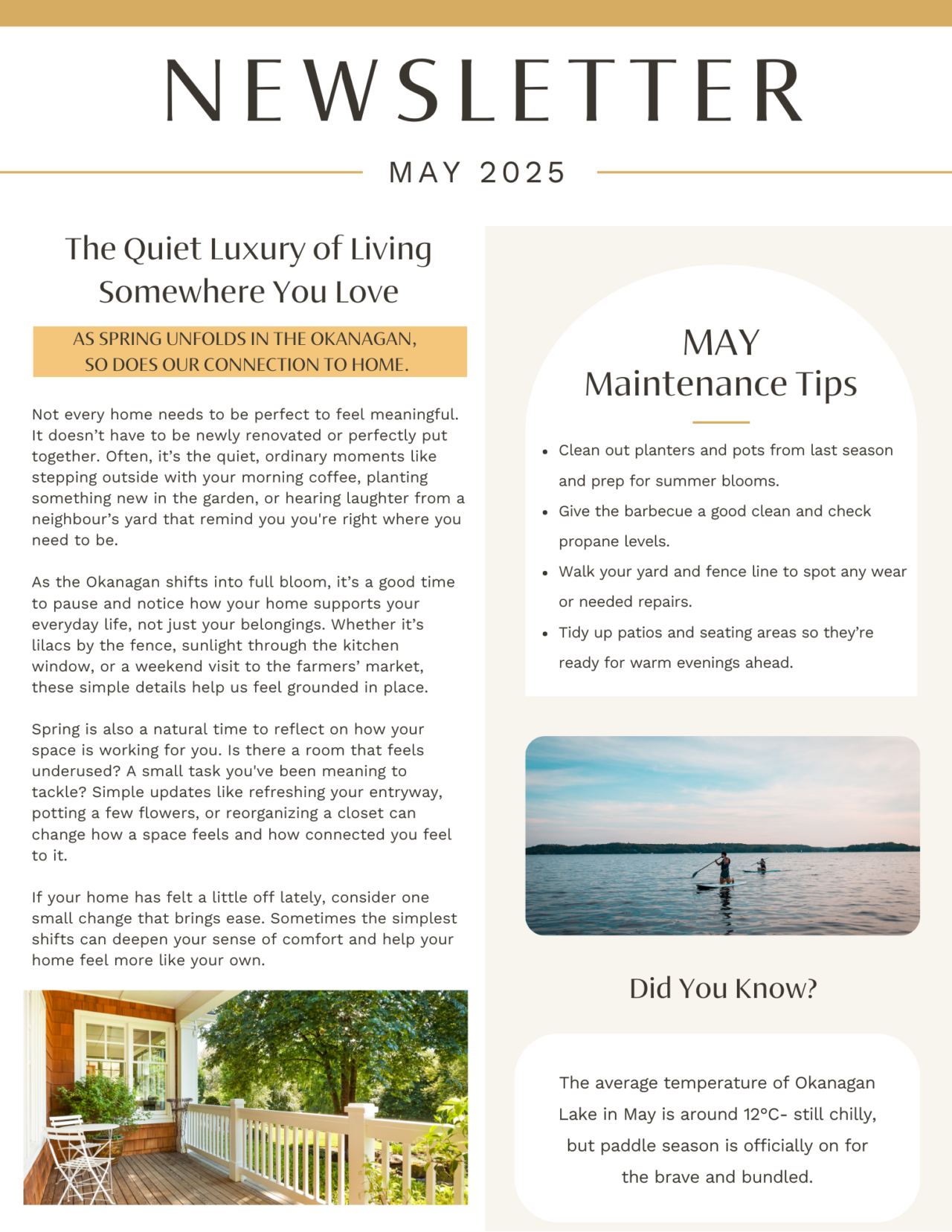 May 2025 newsletter, page 1: enjoying the home and preparing for warmer weather.