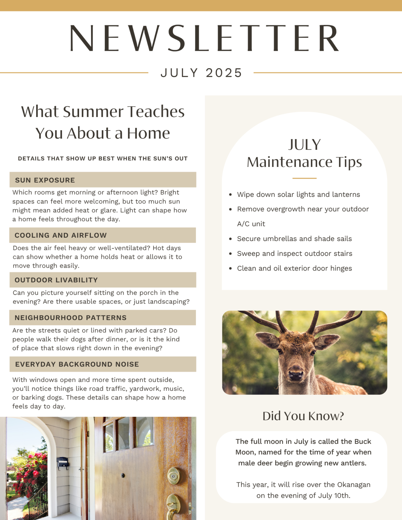 July 2025 newsletter, page 1: what summer reveals about a home and seasonal maintenance.