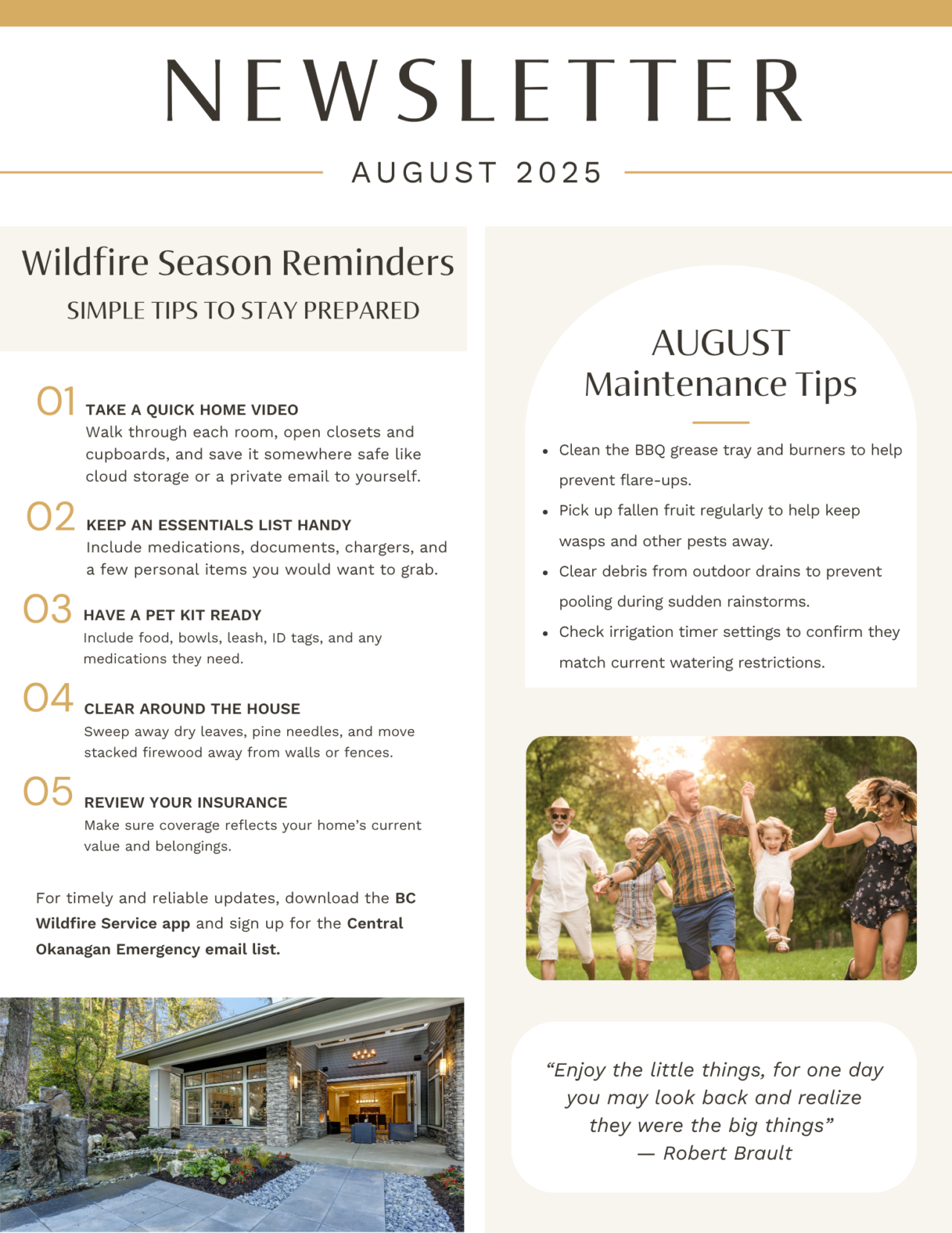 August 2025 newsletter, page 1: wildfire-season reminders and summer maintenance.