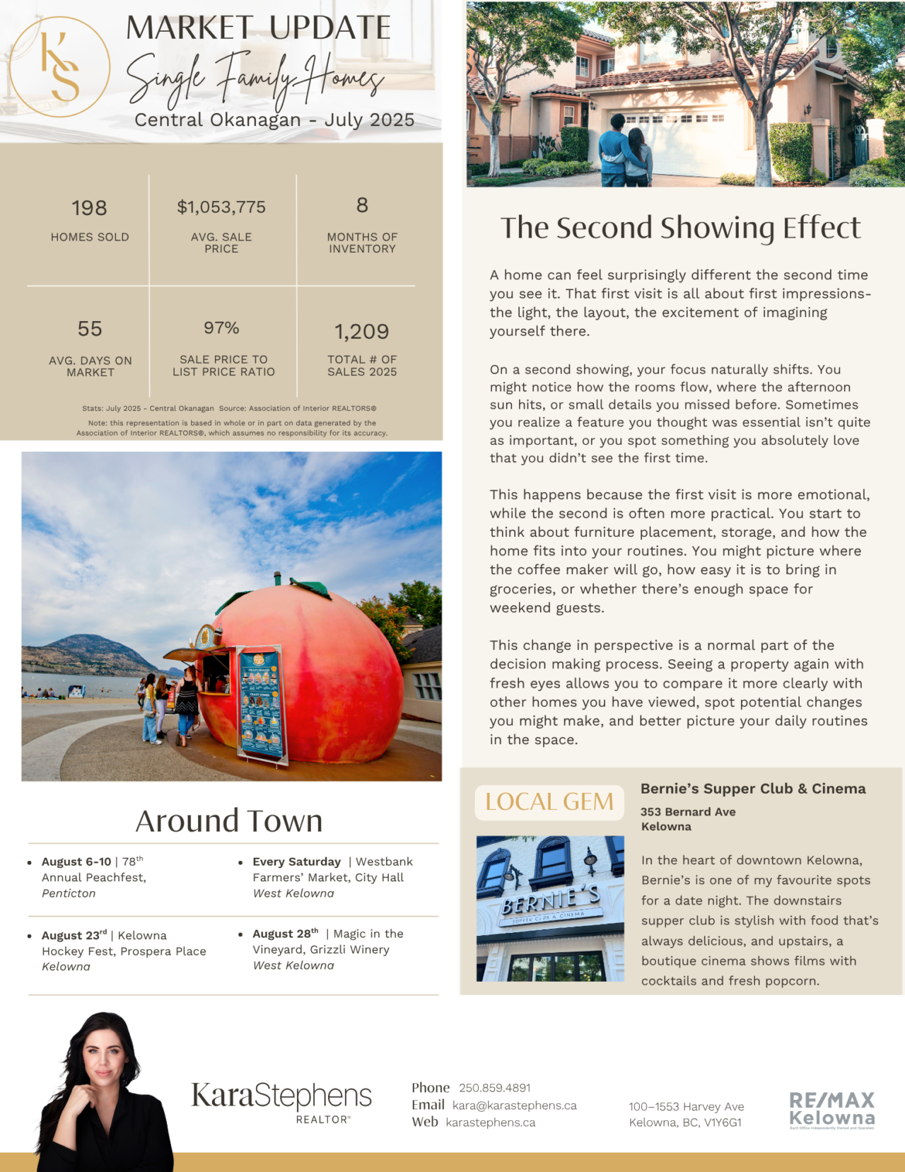 August 2025 newsletter, page 2: July market figures, second showings, and local events.