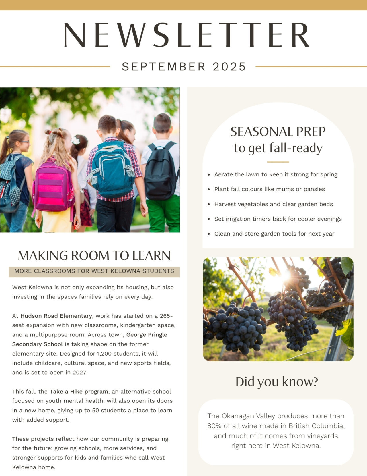 September 2025 newsletter, page 1: back-to-school organisation and autumn home preparation.