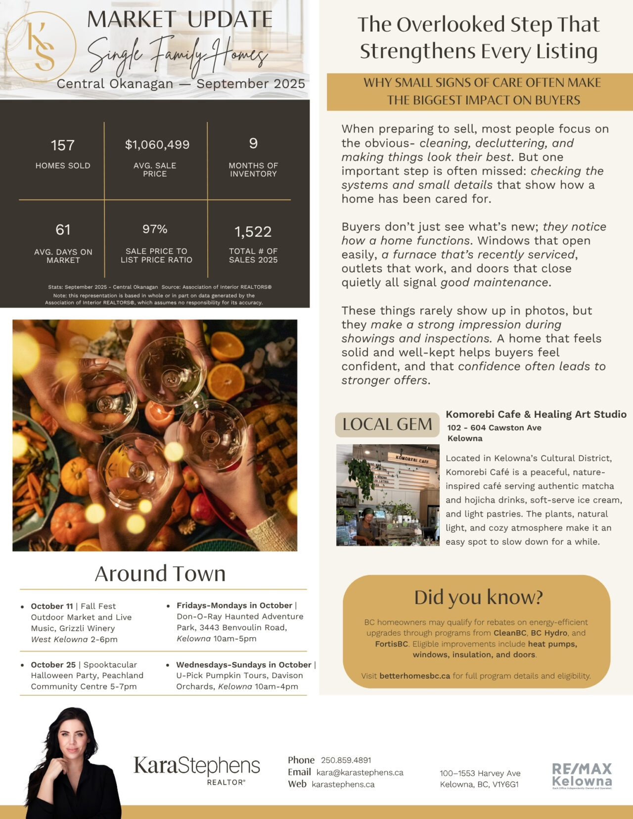 October 2025 newsletter, page 2: market figures, listing preparation, and local events.
