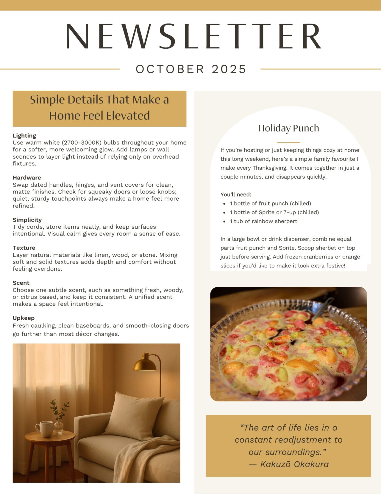 October 2025 newsletter, page 1: simple home details and a holiday punch recipe.