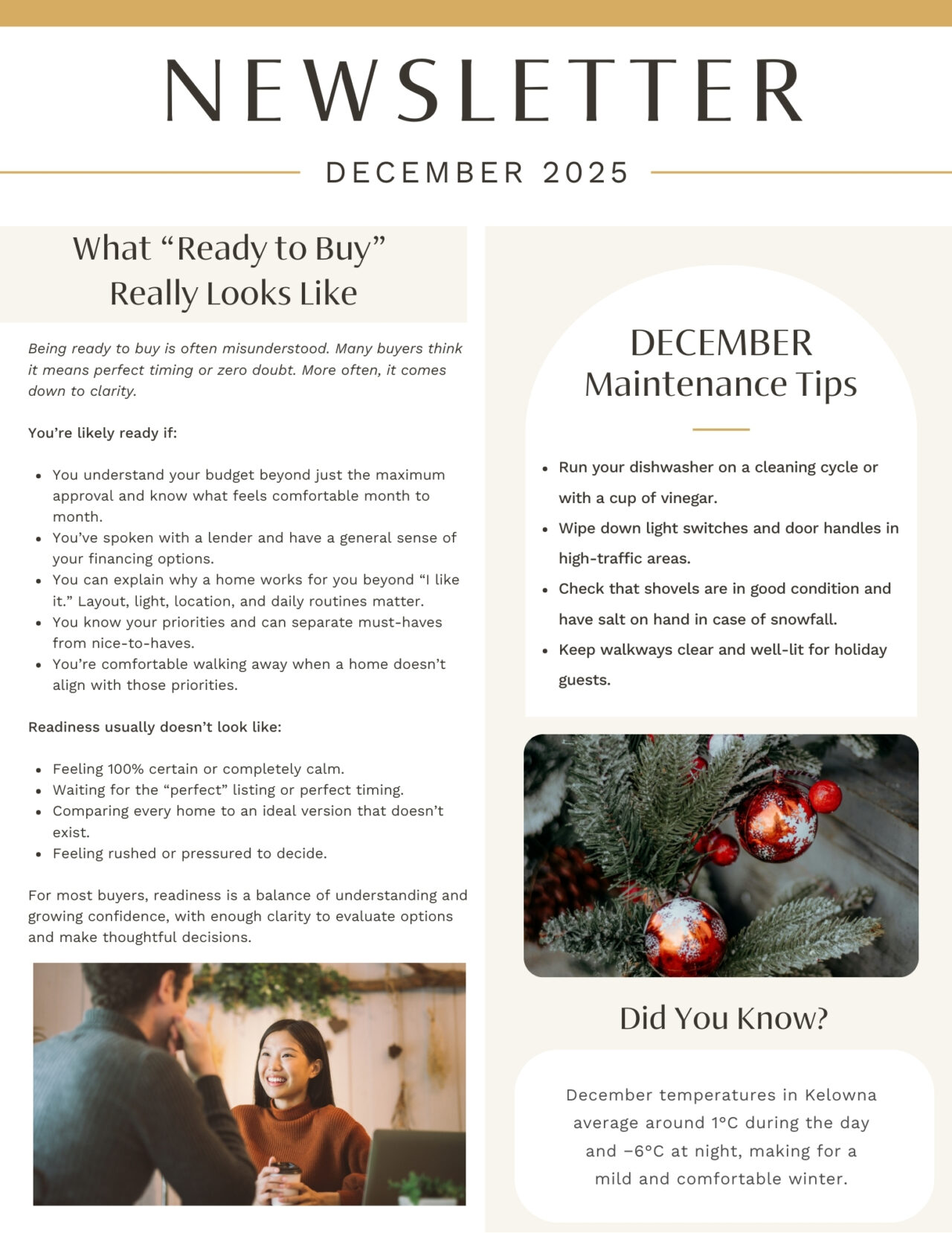 December 2025 newsletter, page 1: preparing to buy a home and winter maintenance.