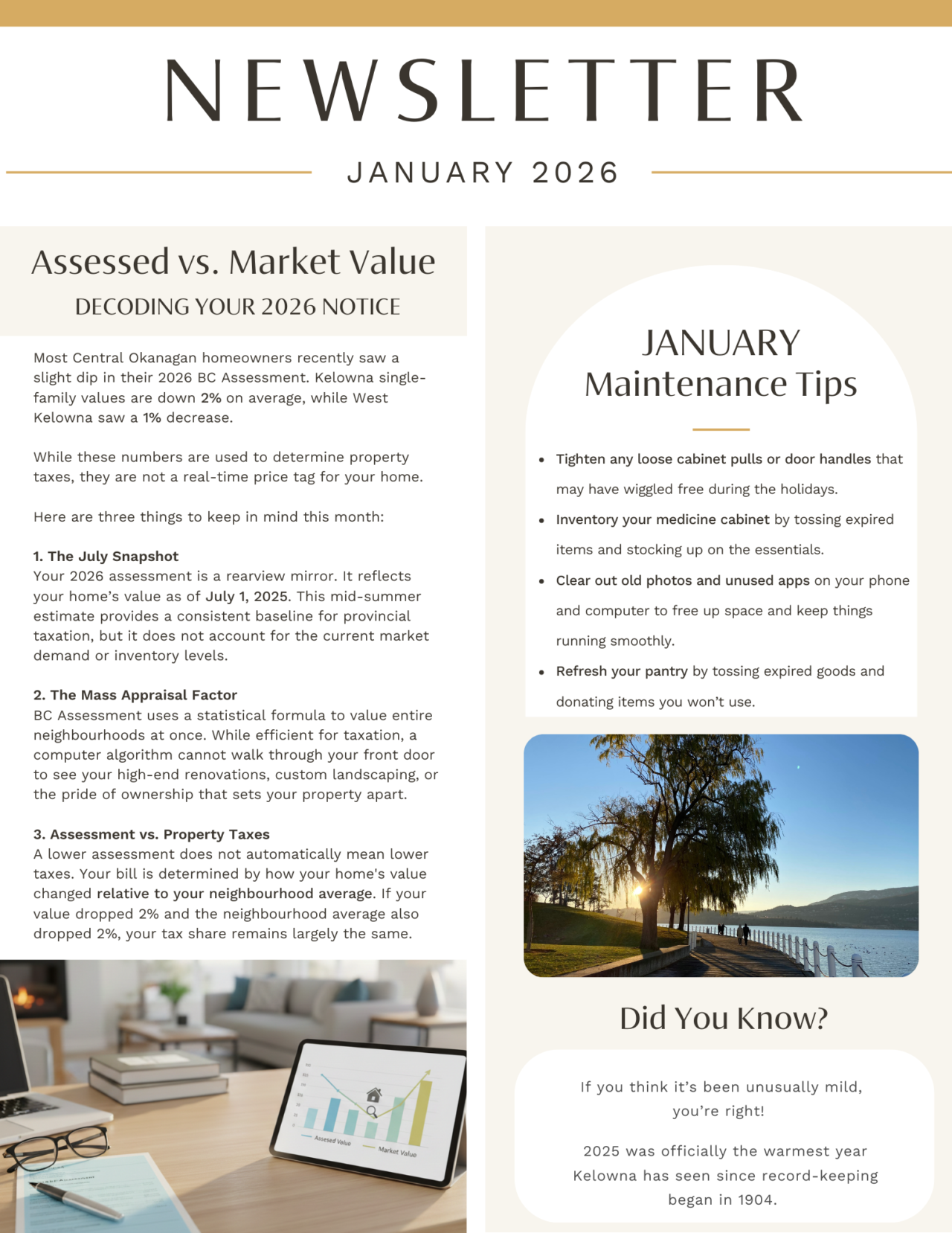 January 2026 newsletter, page 1: assessed versus market value and winter maintenance.