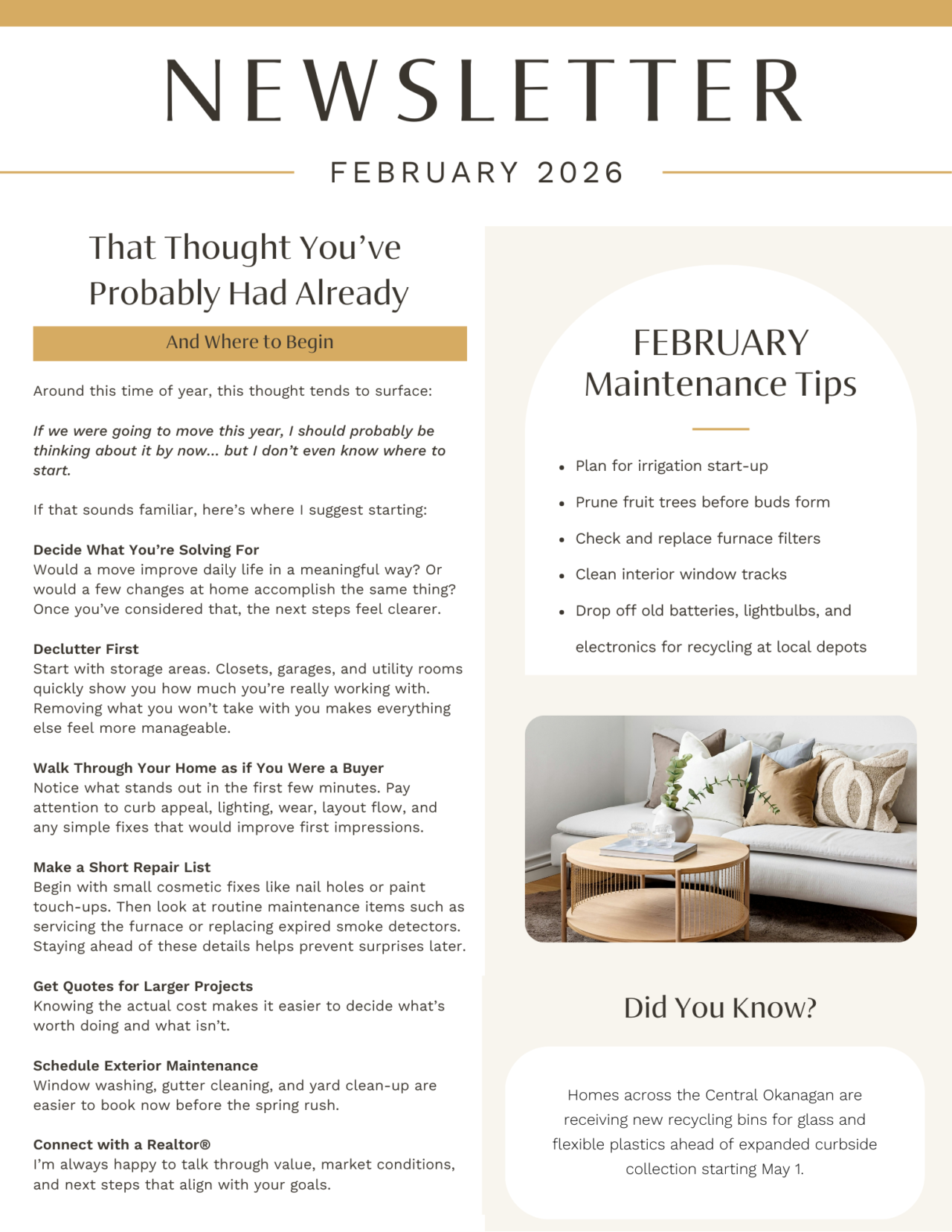 February 2026 newsletter, page 1: planning a future move and seasonal maintenance.