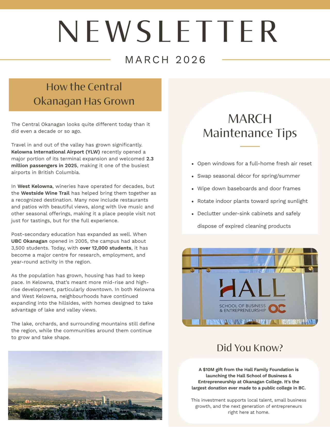 March 2026 newsletter, page 1: Central Okanagan growth and spring maintenance.