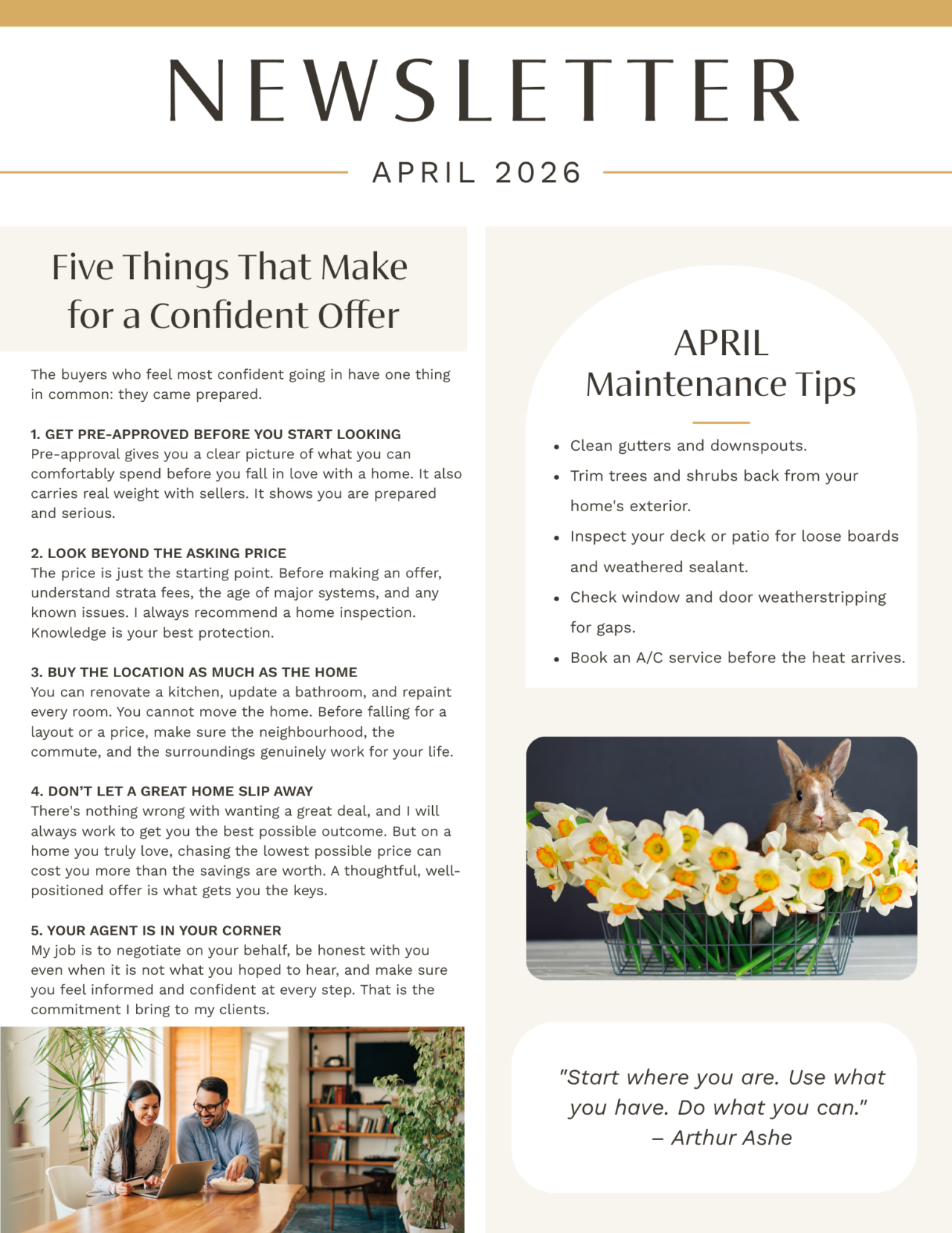 April 2026 newsletter, page 1: preparing a purchase offer and spring maintenance.