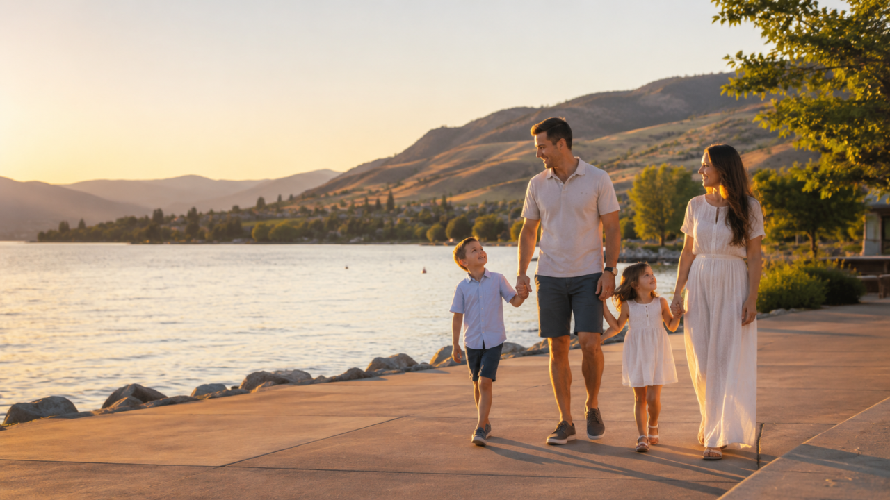 Family walking together along a lakeside path in evening light.