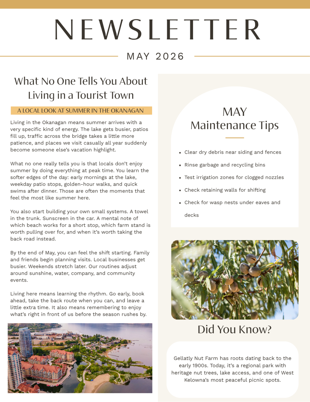 May 2026 newsletter, page 1: life in a tourist town and spring maintenance.