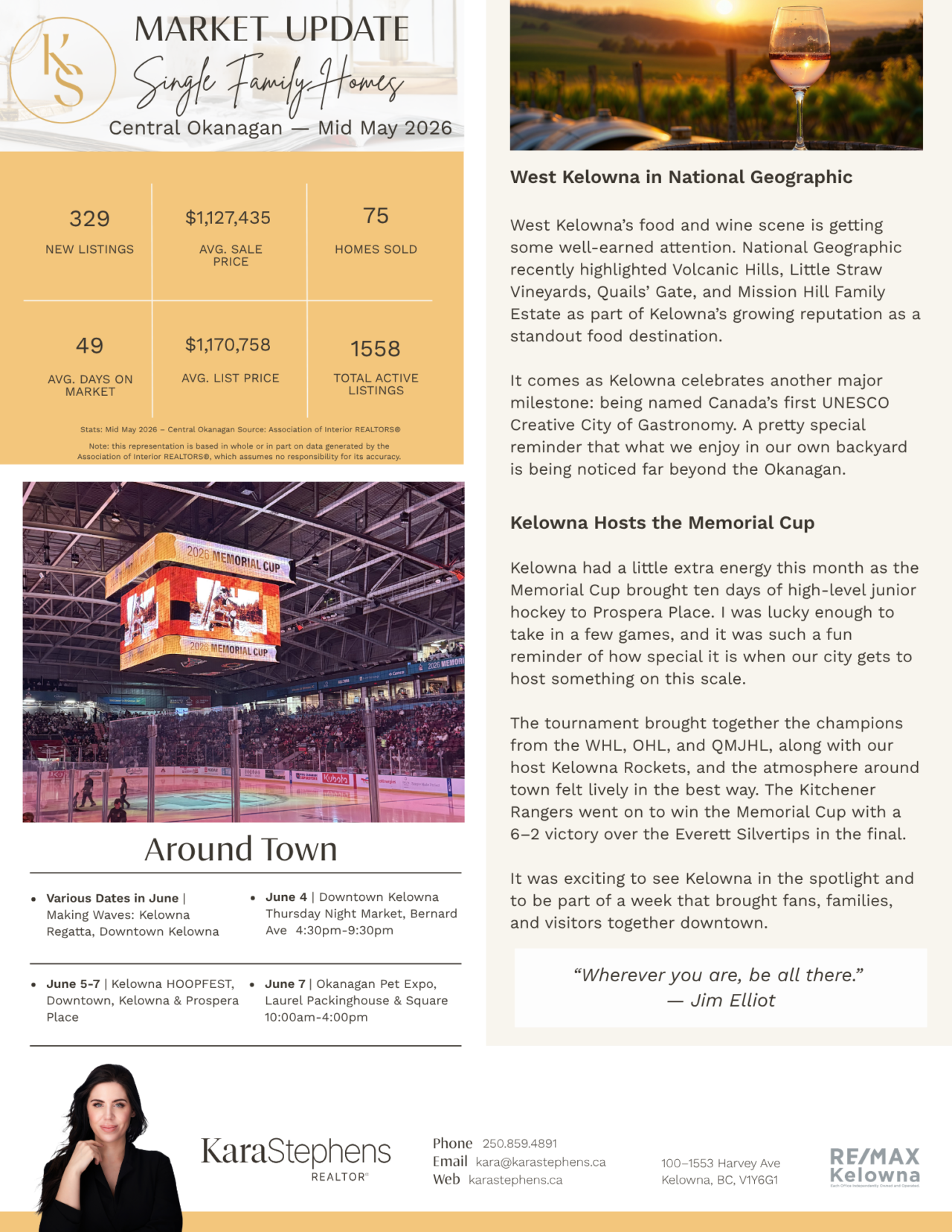 May 2026 newsletter, page 2: April market figures, wine country, and local events.