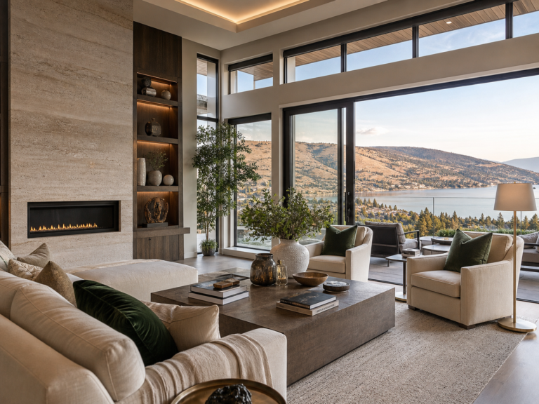 Modern living room with a fireplace and tall windows overlooking a lake and hills.