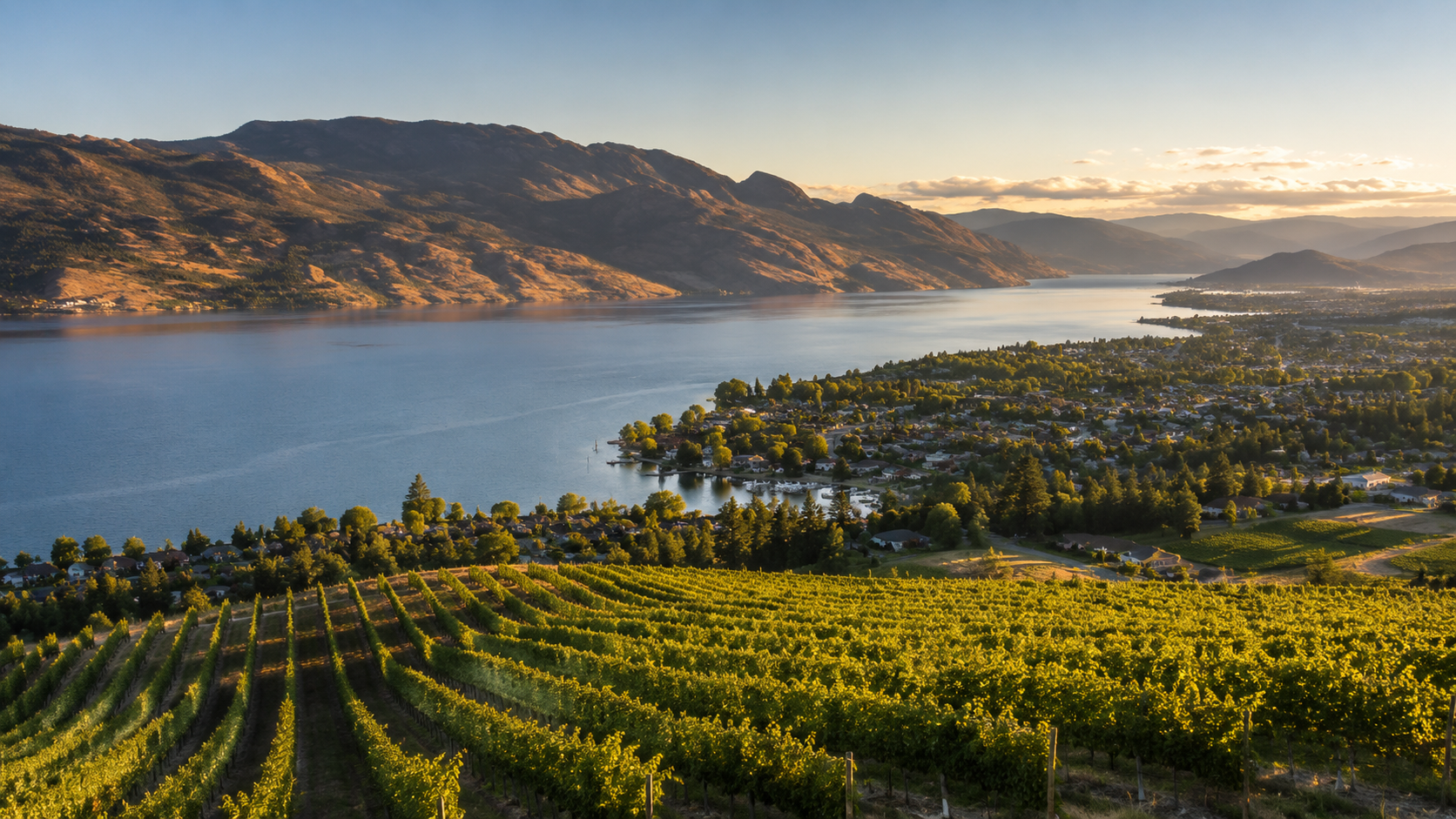 Vineyard rows on a hillside overlooking a lake and surrounding mountains.