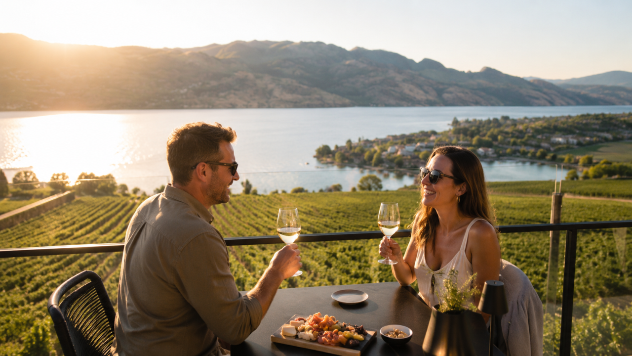 Couple sharing wine on a vineyard terrace overlooking a lake at sunset.