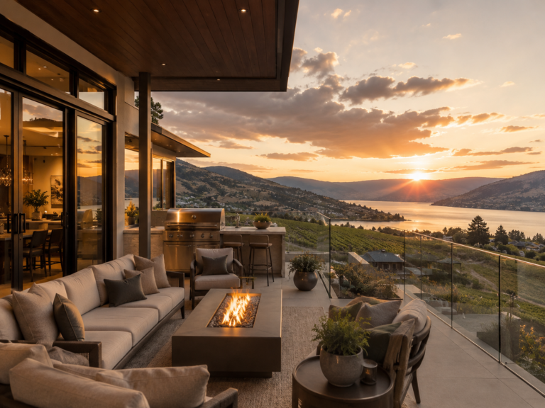 Covered patio with lounge seating and a fire table overlooking a lake at sunset.