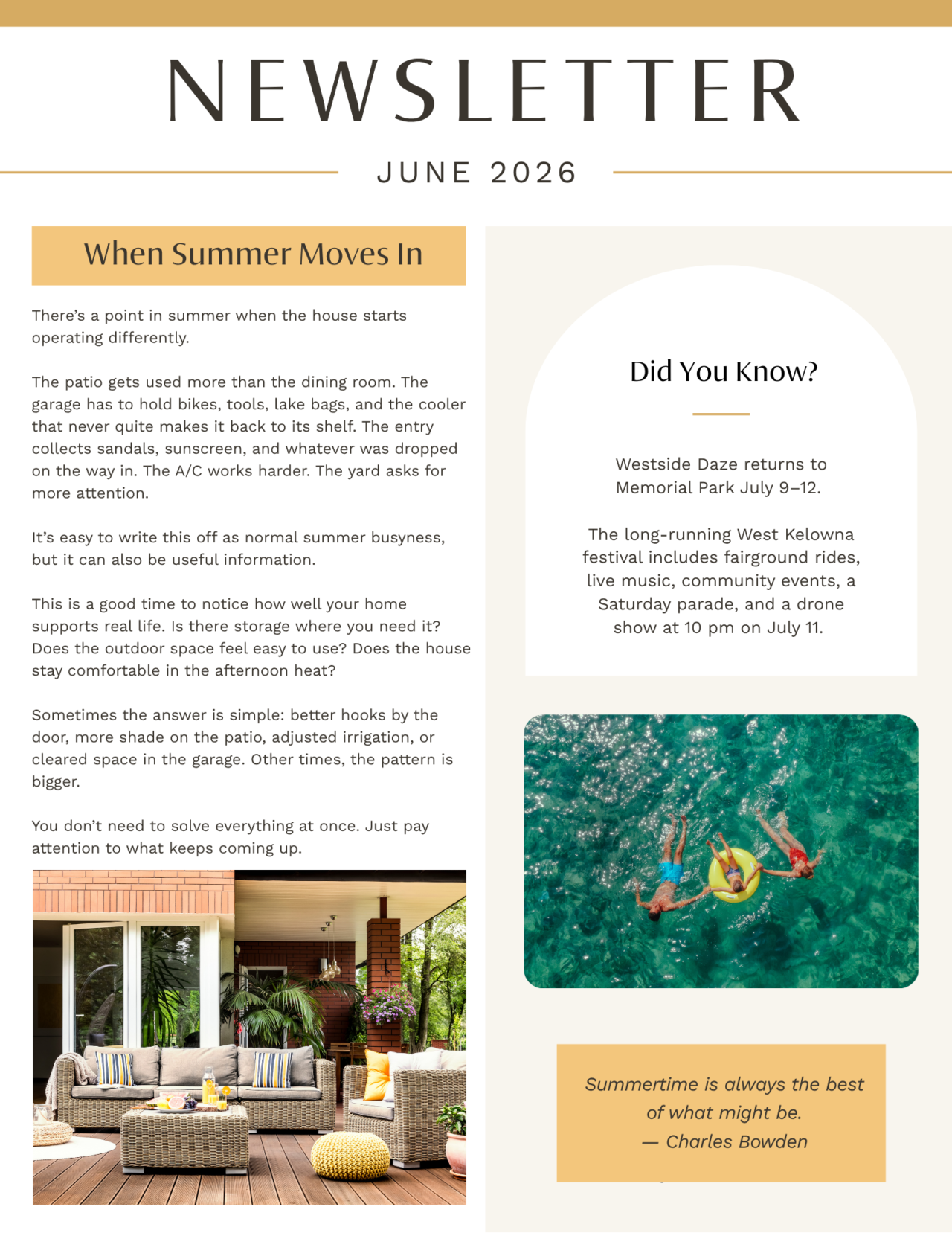 June 2026 newsletter, page 1: summer at home and preparing outdoor living spaces.
